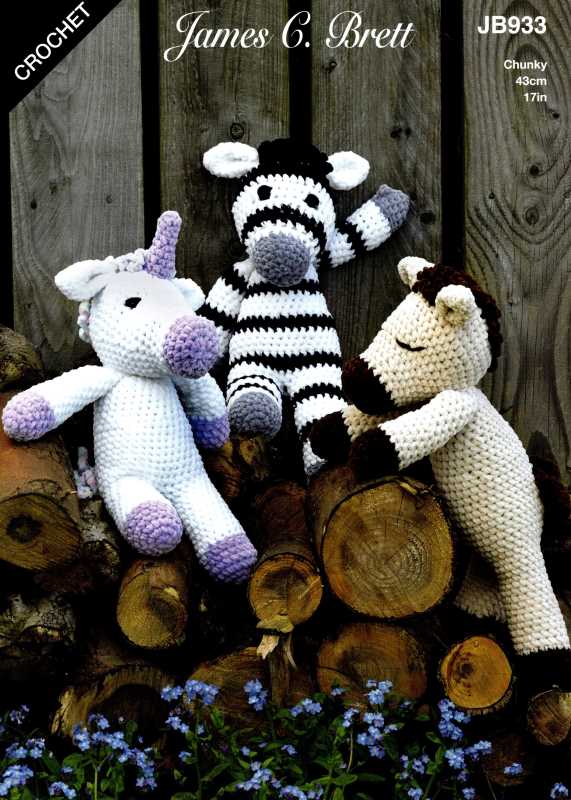 Crochet Pattern - James C Brett JB933 - Flutterby Chunky - Horatio Horse - Ursula Unicorn - Zachary Zebra